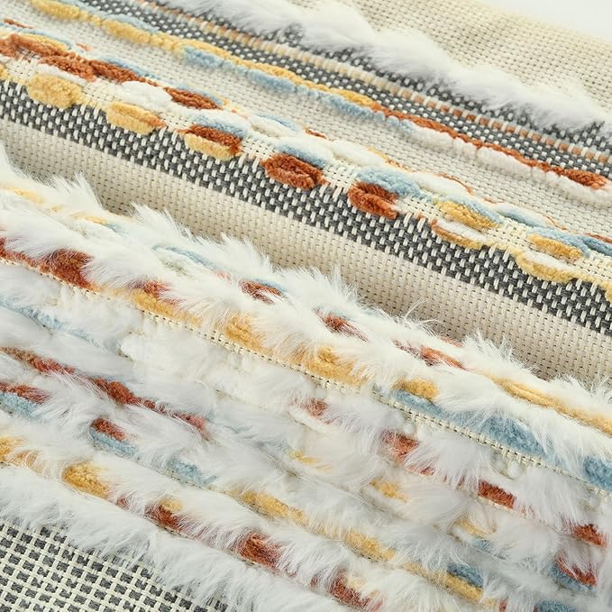 FUTEI Rust Blue Yellow Accent Throw Pillow Covers Set of 2, 20x20 Inch Plush Tufted Striped Textured Decorative Cushion Cases for Farmhouse Boho Couch Decor