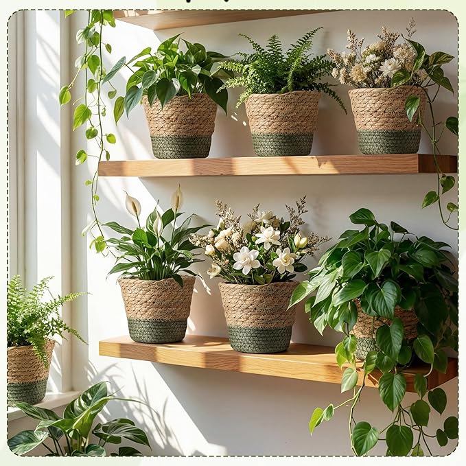 12 Pcs Seagrass Plant Basket with Plastic Liners Woven Stylish Planter Baskets Bulk Indoor Outdoor Plants Woven Wicker Baskets for Flower Pots Cover and Room Decor Small (Small,Farmhouse)