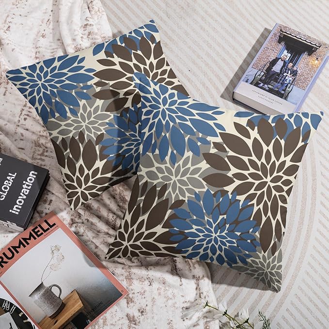 Dark Brown Blue Pillow Covers 24X24 Inch Set of 2, Spring Summer Floral Dahlia Flower Cream Decorative Throw Pillow Covers Outdoor Modern Farmhouse Cushion Case for Home Couch Sofa Bed Decor