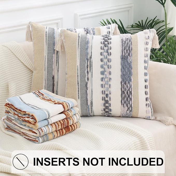 Simmore Boho Decorative Throw Pillow Covers 18x18 Set of 2, Tufted Farmhouse Pillow Covers with Tassels for Cozy Bohemian Couch Sofa Bedroom Home Decor, Grey