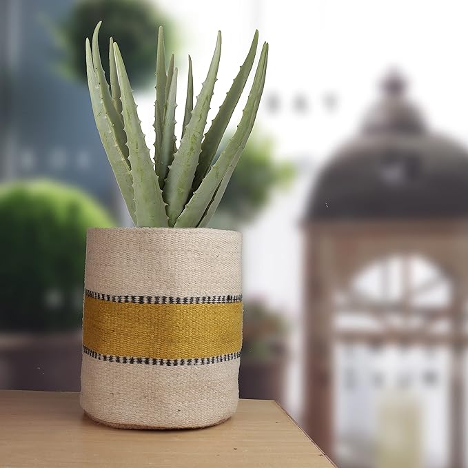 Sturdy Jute Planter - Modern Woven Basket for 8" Pot Indoor Planters, 10" x 10" Storage Organizer, Rustic Home Decor, Earth-Friendly Planter (10x10 Inches, Bleach, Yellow Stripe)