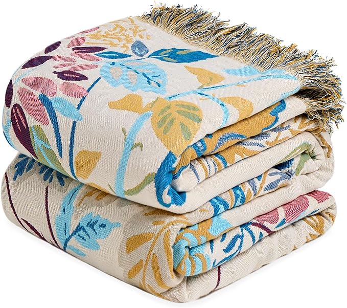 Boho Throw Blanket - 100% Cotton Throw Blankets for Bed Couch, 50"x60" Soft Muslin Lightweight Spring Throw Blanket, Cozy Floral Plant Printed Bohemain Bedding Decor Green Throw Quilt