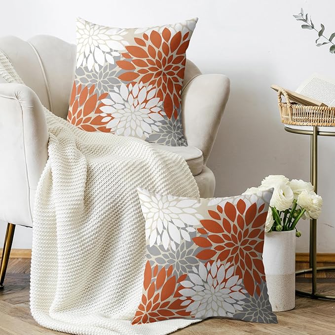 Orange White Grey Gray Pillow Covers 20X20 Inch Set of 2, Modern Dahlia Floral Print Decorative Throw Pillow Covers Outdoor Farmhouse Cushion Case for Home Couch Sofa Bed Decoration