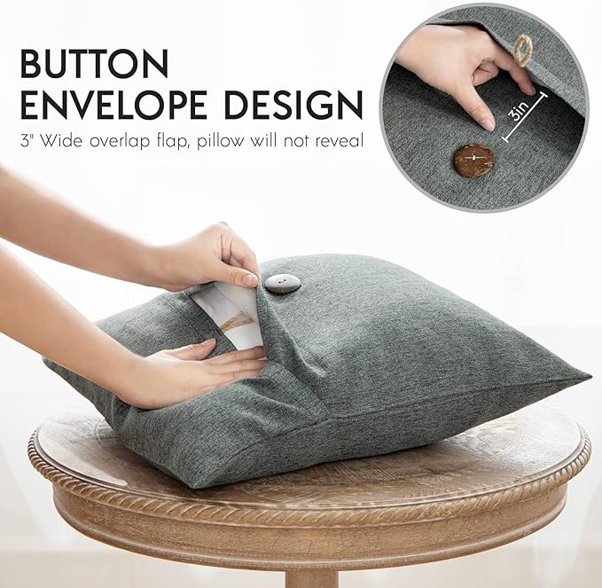 Phantoscope Pack of 2 Farmhouse Throw Pillow Covers Button Vintage Linen Decorative Pillow Cases for Couch Bed and Chair Gray 18 x 18 inches 45 x 45 cm
