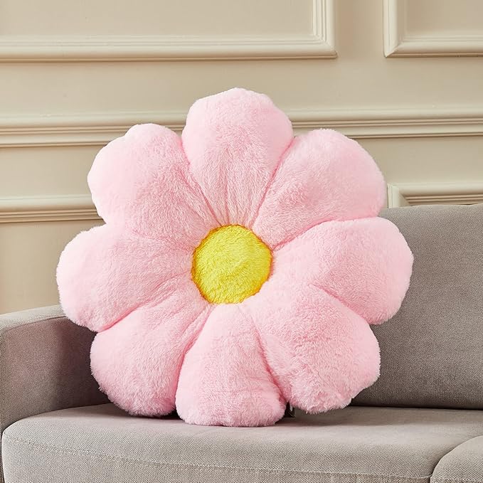 Large 21.6" Pink Flower Pillow Floor Pillow & Office Chair Cushion – Faux Rabbit Fur Plush Decorative Pillow, Comfortable Gift for Girls Adults