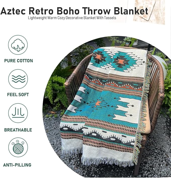 Hopstar Aztec Throw Blanket Navajo Indian Blankets and Throws Boho Western Decor Couch Cover Blanket for Bed Sofa Living Room Beach Travel 51"x63" (Colin)