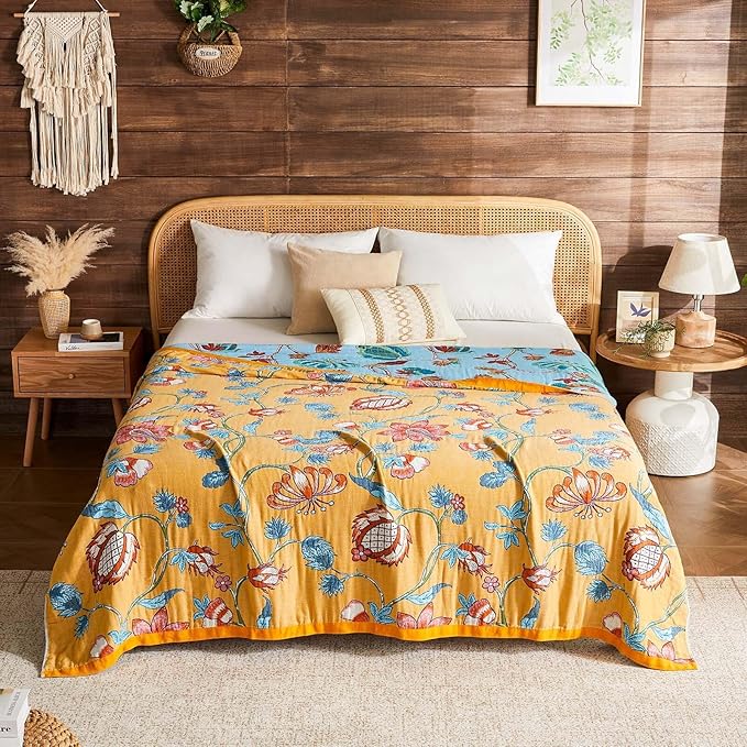 Boho Blanket Soft Muslin Boho Throw Blanket 100% Cotton Blanket All Seasons Reversible Rustic Floral Printed Vintage Rustic Farmhouse Decor Throw for Sofa Couch Chair (Yellow, 90"x98")