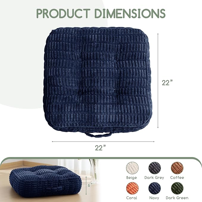 6" Washable Floor Pillow Cushion for Adults, Meditation Cushion Pillow, Removable Tufted Blended Corduroy Cover, Large Square Floor Sitting for Tatami Living Room or Yoga, 2Pack, Machine Washable