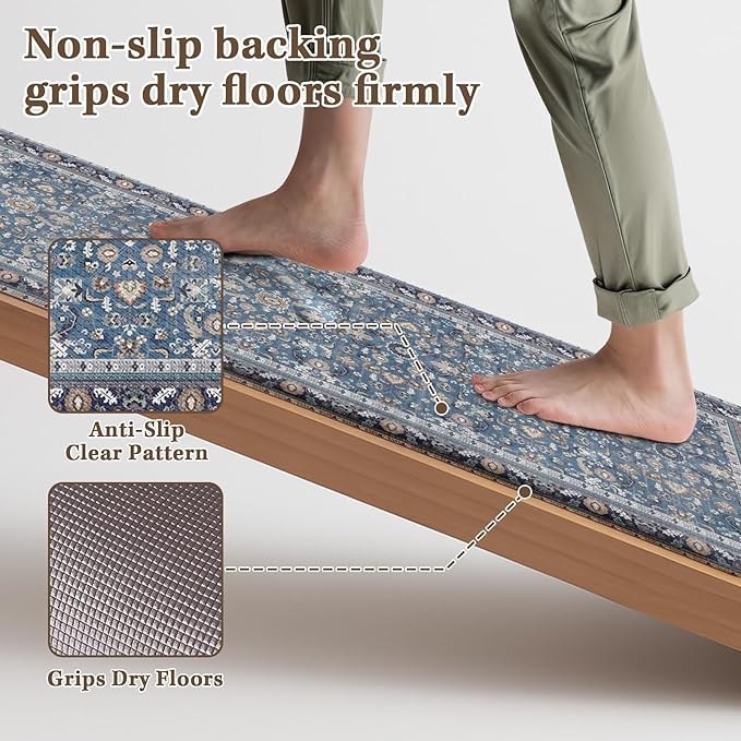 Arttown Kitchen Mats for Floor 2Pcs-Anti Fatigue Non Slip Mats for Kitchen Floor, Cushioned Waterproof & Stain-Resistant Boho Stripe Mat Set, Laundry Room, Office, Sink, Desk (Blue)