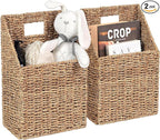 Wicker Hanging Storage Basket (10,5"Lx6,5"Wx13"H), Set of 2 Wall Baskets, Water Hyacinth Baskets, Wall Decor Hyacinth Basket Hanging for Organizing Files, Mails, Books (Seagrass)