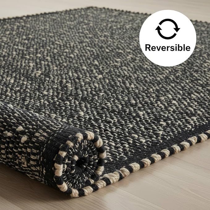 Black 8x10 Cotton Jute Rug Braided Construction - Farmhouse Woven Carpet - Mid-Century Modern Floor Covering for Bedroom Living Room, 8' x 10'