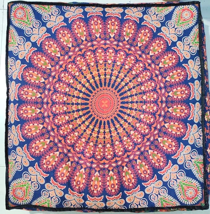 ICC 24" Orange Peacock Mandala Barmeri Large Floor Pillow Cover Cushion Meditation Seating Ottoman Throw Cover Hippie Decorative Zipped Bohemian Pouf Ottoman Pom Pom Cases 24" Square