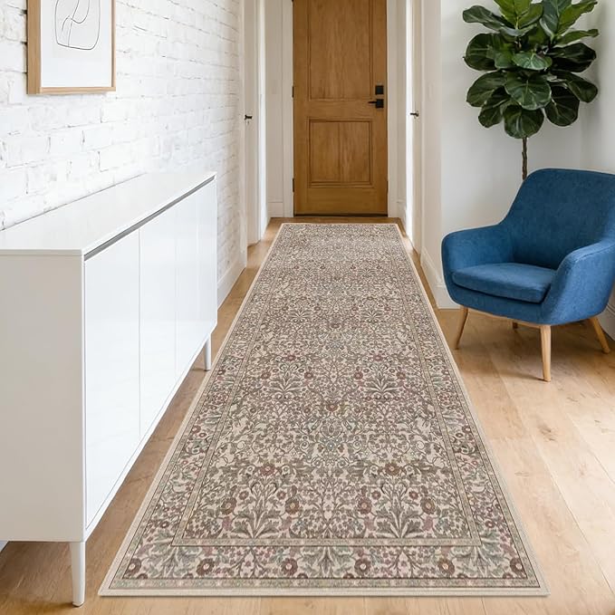 Washable 2'6" x 10' Runners for Hallways, Non Slip Long Floor Runner for Kitchen, Entryway Indoor, Stain Resistant Rubber Backing Floral Decor Rug (Moss)