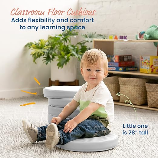 ECR4Kids SoftZone Floor Cushions, Round, Flexible Seating, Light Grey, 6-Piece