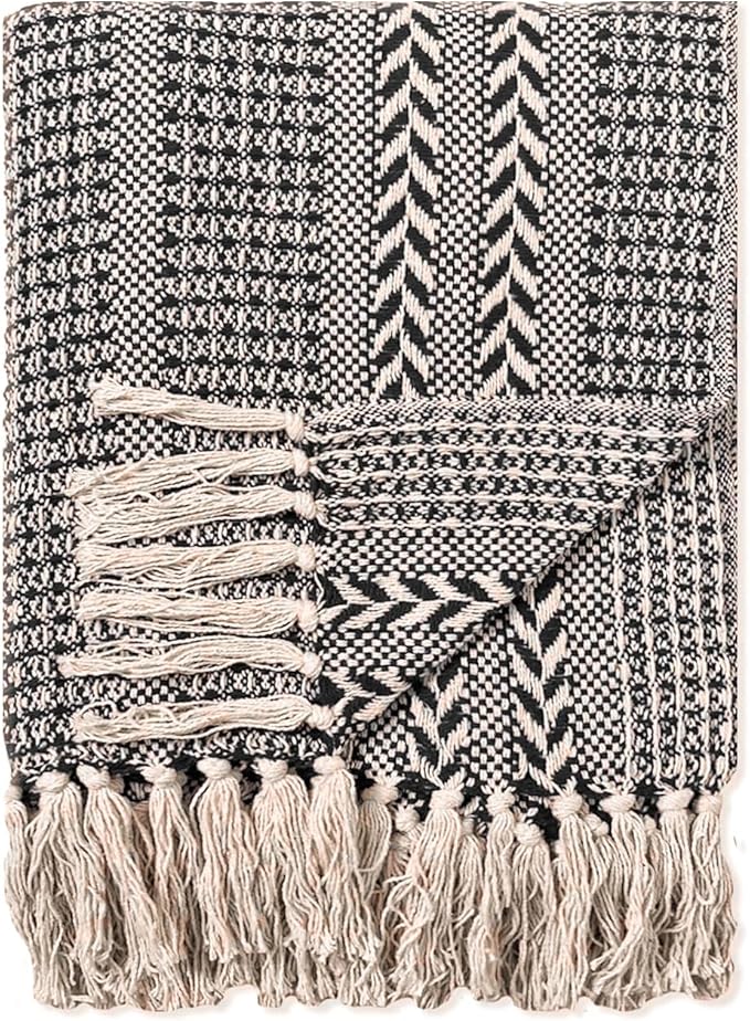 Chardin home - Black & Cream Braided Waffle Weave Throw, 50x60 in Recycled Cotton- Large, Wearable, Breathable, Skin-Friendly Everyday Blanket for Couch, Bed, Sofa - Soft Lightweight Picnic Rug
