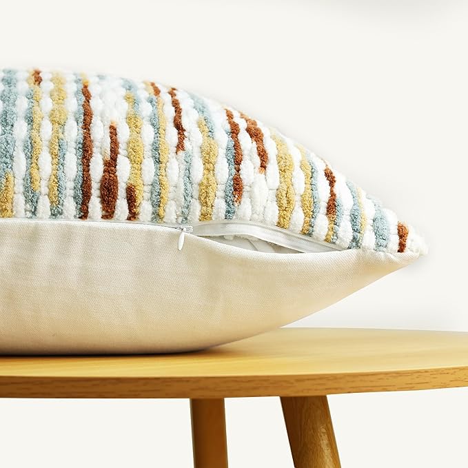 Boho Chenille Striped Pillow Cover 12x20 Inch, Decorative Lumbar Pillow Cover for Couch Bed Sofa Living Room Bedroom Farmhouse Modern Home Decor Accent Pillowcases Set of 1, Multicolor