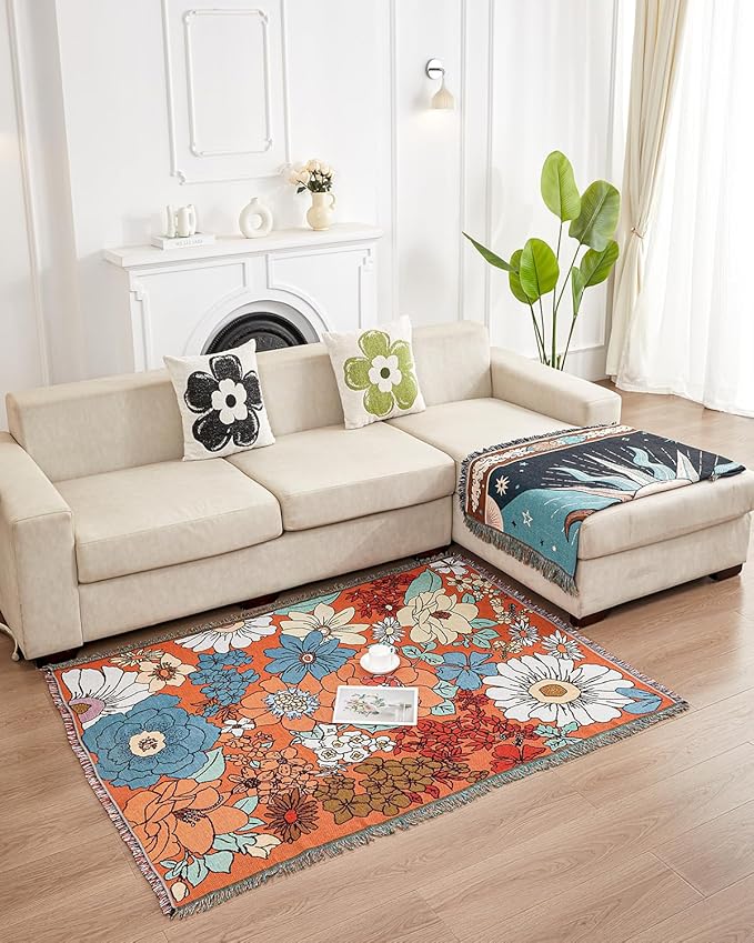 Erke Chair Recliner Cover Boho Throw Blanket Hippie Living Room Decor Wall Tapestry Outdoor Picnic Camping Rug Mattress Beach Towel Sofa Furniture Slipcover Bohemian 50”x70” Orange Florals