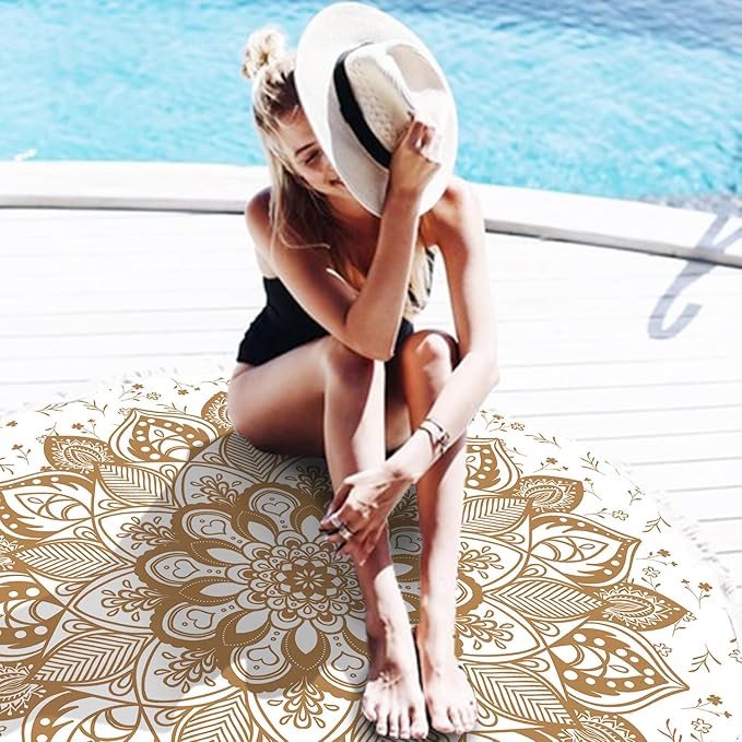Oversized Round Gold Yellow Mandala Beach Towel Blanket, Microfiber Soft Sand Free Large Water Absorbent Beach Blanket for Women Circle Swim Pool Towel Meditation Table Rug with Tassels 60 inch