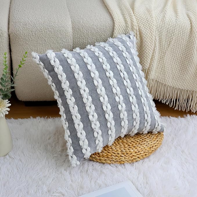 18x18 Boho Pillow Cover - Chenille Tufted Decorative Throw Pillow Cover Soft Velvet Backing, Farmhouse Square Accent Pillow Case for Sofa, Couch, Bedroom, Living Room, Grey-White Stripe