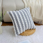 18x18 Boho Pillow Cover - Chenille Tufted Decorative Throw Pillow Cover Soft Velvet Backing, Farmhouse Square Accent Pillow Case for Sofa, Couch, Bedroom, Living Room, Grey-White Stripe