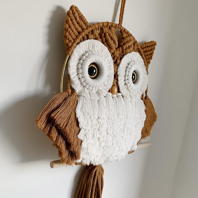 Macrame Owl Wall Hanging Boho Hippy Decor, Handmade Tapestry Fiber Art Wall Decor for Nursery Bedroom Living Room, Sustainable Gift for Owl Lovers & Nature Fans