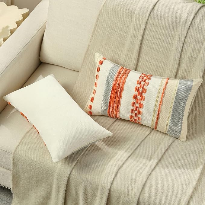 FUTEI Orange Decorative Throw Pillow Covers 12x20 Inch Set of 2, Soft Tufted Striped Textured Accent Pillow Case,Boho Pillows for Couch Decor