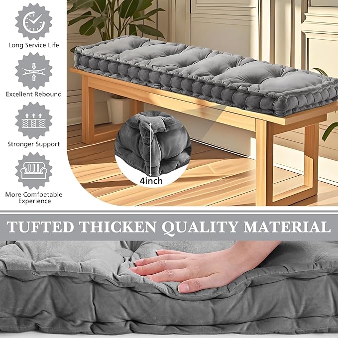 Bench Cushions for Indoor Furniture 48x18 in Velvet Kitchen Dining Piano Window Seat Cushion, Tufted Patio Porch Swing Thicken Bench Pad Memory Foam(Gray)