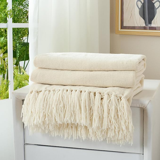 Chenille Throw Blanket for Couch with Tassels,60"X80" Soft Cozy Lightweight Knitted Boho Decorative Blankets for Bed and Sofa,Cream