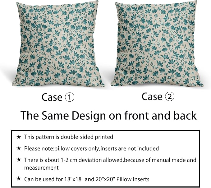 Teal Floral Pillow Covers 16x16 Set of 2 Vintage Rustic Old Style Cute Small Flower Blue Green Cream Print Decorative Outdoor Pillowcases Farmhouse Throw Cushion Case Decor for Couch Sofa Bed