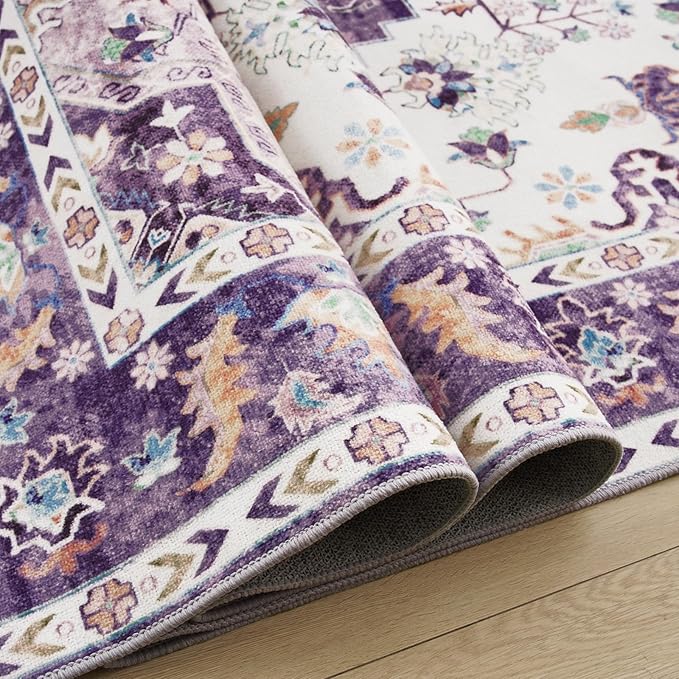 Amearea Vintage Design Area Rugs for Living Room, 6x9 Machine Washable Floral Collection Traditional Bedroom Rug, Low Pile Cute Kids Room Print Carpet, No Slip Office Kitchen Home Decor, Purple