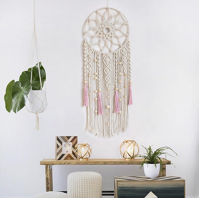 EOBTAIN Boho Macrame Wall Hanging Handmade Dream Catchers Pink and White Woven Tapestry Wall Decor Dreamcatcher Tassel Wall Art Bohemian Home Decor for Bedroom Living Room,Gifts for Girls Woman Mom