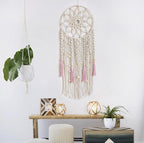 EOBTAIN Boho Macrame Wall Hanging Handmade Dream Catchers Pink and White Woven Tapestry Wall Decor Dreamcatcher Tassel Wall Art Bohemian Home Decor for Bedroom Living Room,Gifts for Girls Woman Mom