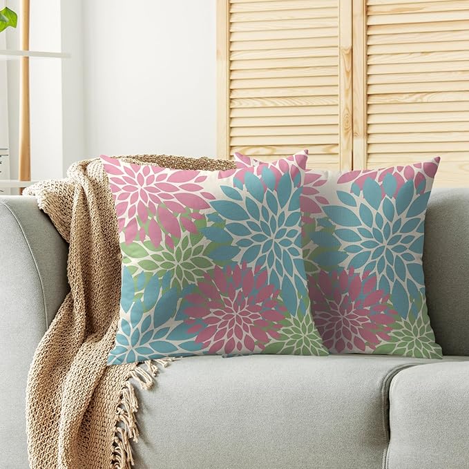 Blue Pink Green Spring Pillow Covers 22X22 Inch Set of 2, Modern Dahlia Floral Print Decorative Throw Pillow Covers Outdoor Farmhouse Cushion Case for Home Couch Sofa Bed Decoration