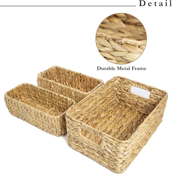 HOMESTEAD Water Hyacinth Storage Baskets, Long Narrow Rectangular Wicker Baskets for Bedroom, Living Room, Bathroom, Shelves - Set of 3