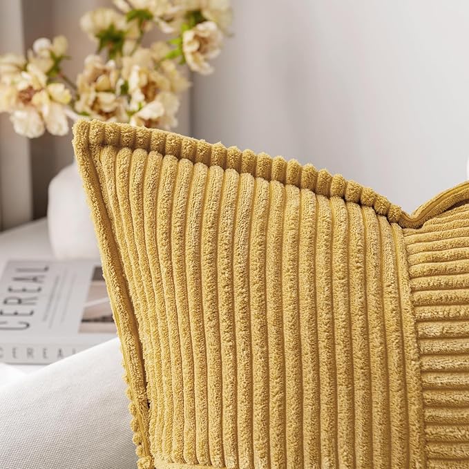 MIULEE Decorative Throw Pillow Covers for Couch Bed Livingroom 16x16 Inch Set of 2 Gold Boho Accent Throw Pllows Broadside Striped Patchwork Soft Corduroy Summer Pillowcases