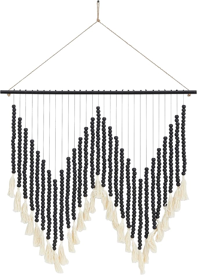 Deco 79 Wood Macrame Home Wall Decor Beaded Wall Sculpture with Fringe Tassels, Wall Art 26" x 1" x 35", Black