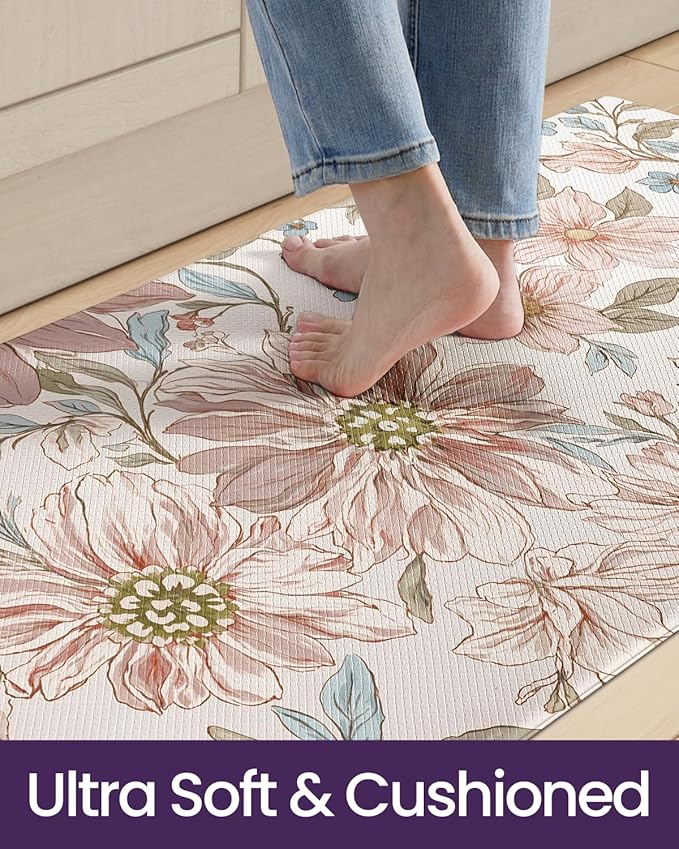 DEXI Kitchen Mats for Floor, 23x59, Cushioned Standing Mat Anti Fatigue, Wide Waterproof Comfort Floral Padded for Laundry Room Office, Pink