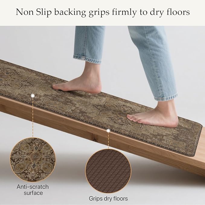 GENIMO Kitchen Mats for Floor 2PCs, Washable Anti Fatigue Mat for Cushioned, 17.3"x47"+17.3"x30", Waterproof Kitchen Rugs, Non Slip Comfort Standing Mat Rug for Home, Sink, Laundry, Rustic Brown