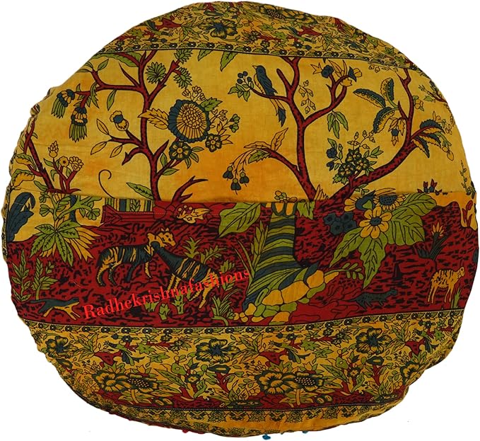 35 X 35 Inch Large Mandala Floor Pillow Cushion Seating Throw Cover Hippie Decorative Bohemian Ottoman Poufs, Multi Pom Pom Pillow Cases,Boho (Yellow T.L, 35X35X6 Round)
