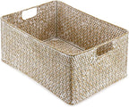 Hipiwe Seagrass Storage Basket Bin Rectangular Handwoven Wicker Storage Box with Handle Opened Baskets Box for Shelf Organizing Closet Bathroom, 15.7" L x 11.8" W x 7.5" H