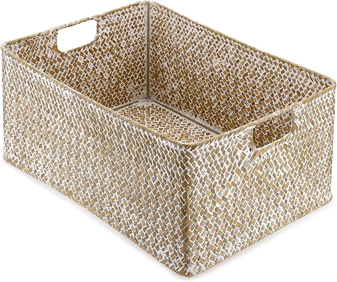 Hipiwe Seagrass Storage Basket Bin Rectangular Handwoven Wicker Storage Box with Handle Opened Baskets Box for Shelf Organizing Closet Bathroom, 15.7" L x 11.8" W x 7.5" H