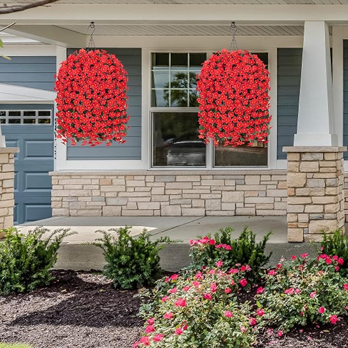 HyeFlora Artificial Fake Red Hanging Flowers Plants Basket for Outdoor Outside Winter Christmas Decor, Faux Silk Daisy Flower Look Real UV Resistant Orchid Vine Plant for Porch Garden Yard Patio Home