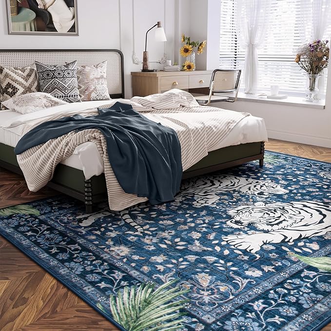 Moynesa Tiger Washable Area Rugs 8x10, Large Boho Rugs for Living Room, Vintage Non Slip Dining Room Rugs for Under Table, Ultra Thin Soft Floor Carpet for Office Bedroom, Blue