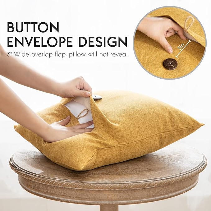 Phantoscope Pack of 2 Throw Pillow Covers Premium Coconut Button Vintage Linen Solid Decorative Pillow Cover for Couch Bed and Chair Mustard Yellow 20 x 20 inches 50 x 50 cm