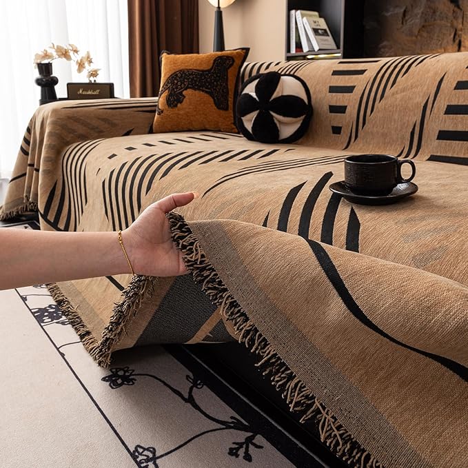 VClife Soft Thick Chenille Couch Cover 1 PC Washable Couch Cover for 3 Cushion Couch Sofa Modern Brown Black Jacquard Sectional Sofa Cover 71"x150"