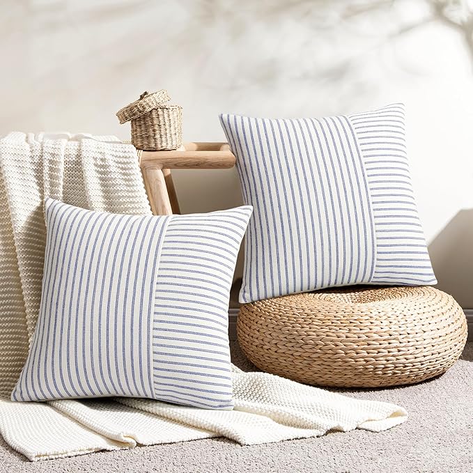 YCOLL Farmhouse Pillow Covers 20x20 Set of 2, Modern Accent Square Throw Pillow Covers, Blue and Beige Striped Patchwork Linen Decorative Pillows Cushion Covers for Couch Chair Bedroom Home Decor