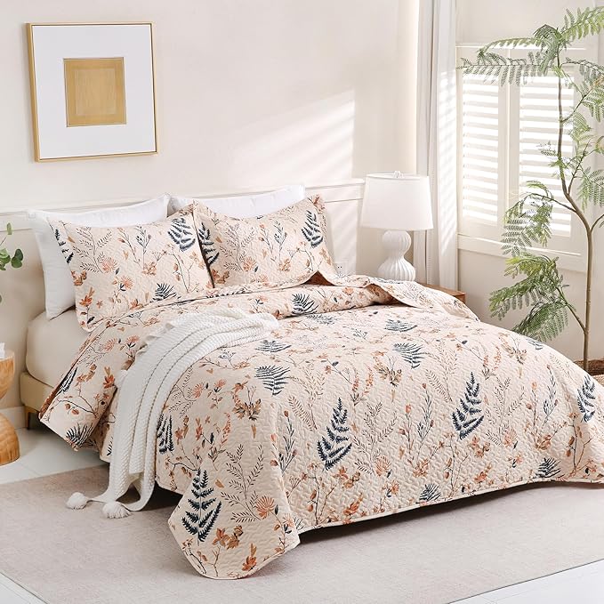 JSD Floral Quilt Set Full/Queen Size, 3 Piece Printed Bedspreads Coverlet with Pillow Sham, Soft Microfiber Quilted Blanket