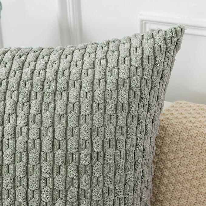 Kevin Textile 20x54 Inch Long Body Lumbar 1 Pack Boho Decorative Throw Pillow Cover Soft Striped Corduroy Rectangle Cushion Case Farmhouse Accent for Living Room Couch Sofa Bed, Greyish Green