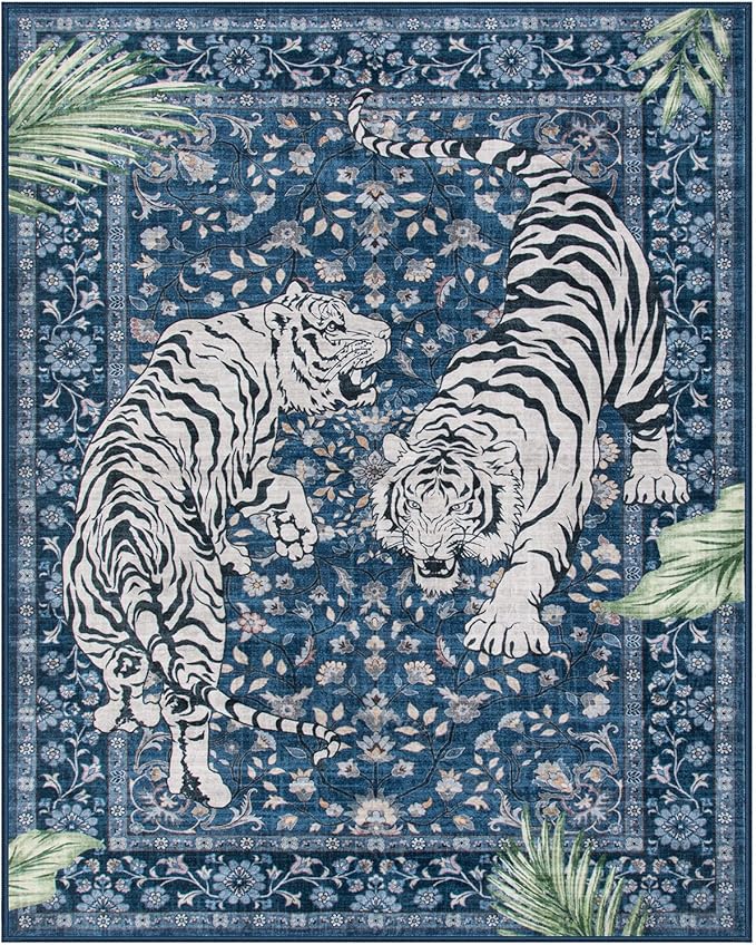 Moynesa Tiger Washable Area Rugs 8x10, Large Boho Rugs for Living Room, Vintage Non Slip Dining Room Rugs for Under Table, Ultra Thin Soft Floor Carpet for Office Bedroom, Blue