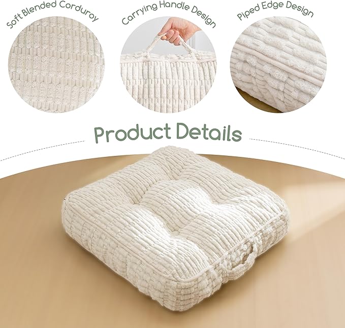 Washable Floor Pillow Cushion for Adults, Meditation Cushion Pillow, Removable Tufted Blended Corduroy Cover, Large Square Floor Sitting for Tatami Living Room or Yoga, 2Pack, Machine Washable